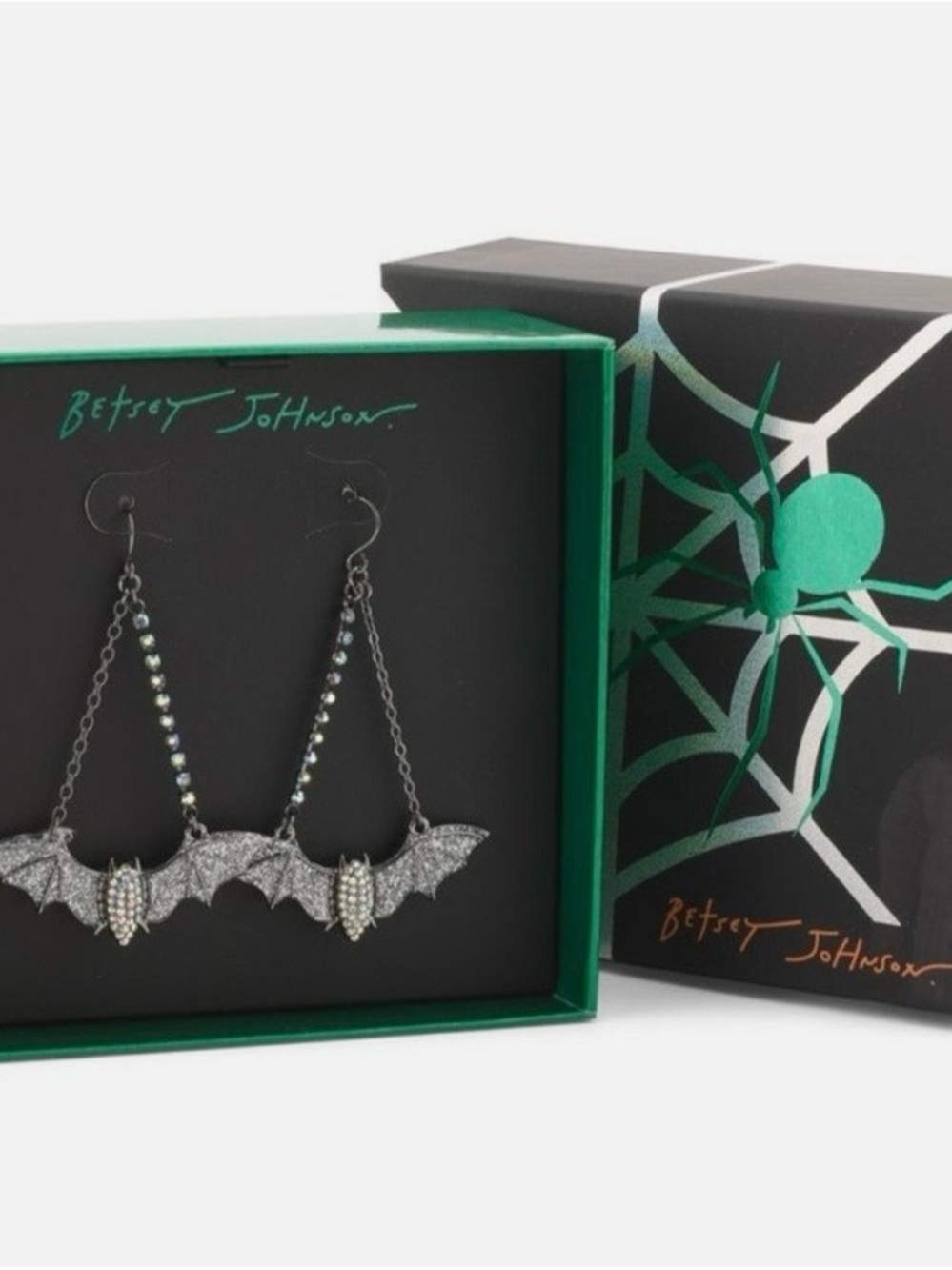Betsey Johnson Silver Crystal Bat Dangle Earrings